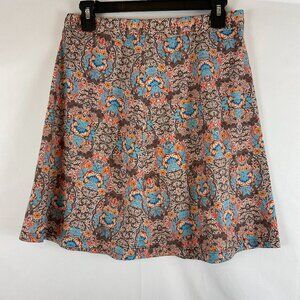 Ojai Skirt M Brown Blue Orange White Floral Elastic Waist A-Line